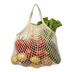 Fototapeta premium Mesh bag filled with fresh vegetables and leafy greens isolated on transparent background