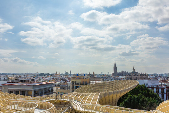 Seville, Andalusia, Spain &ndash; Feb 13, 2020: Capturing the architectural wonder of Metropol Parasol (Las Setas de Sevilla) from above, providing a sweeping panorama of Seville's urban landscape and the d