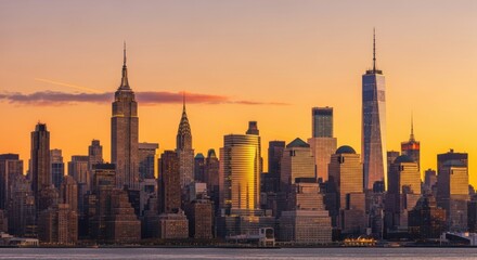 Naklejka premium New york city skyline at sunset with iconic buildings