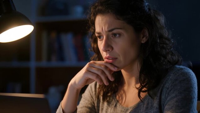 Concerned woman works late at a laptop under a desk lamp, reflecting stress, focus, and elevated cortisol during an intense nighttime session.