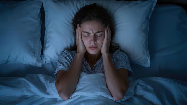 Woman lies awake at night holding her head, illustrating stress, insomnia, and elevated cortisol disrupting rest and wellbeing.