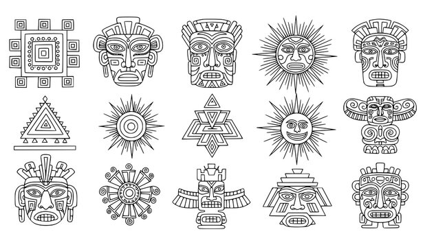 Aztec indigenous tribal symbol vector doodle set ethnic pattern design