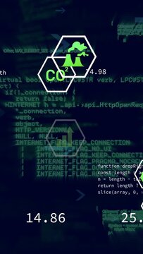 Vertical video: Hexagon badge cluster fading in and drifting over code, updating CO2 energy values
