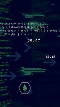 Vertical video: Scrolling code and arrows initiating white hex widget moving and updating analytics