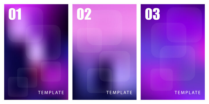 Set of three abstract purple gradient backgrounds with rounded square shapes