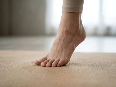 A person's bare foot is stepping on a beige carpet indoors.