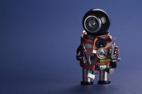 Robot mechanic repairman holding screwdrivers. Device maintenance concept, hardware service poster, technical support flyer