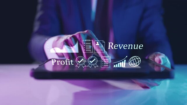 Financial profit and revenue business growth. Digital data analysis chart, global market success strategy, certified corporate quality management, and economic investment planning concept.