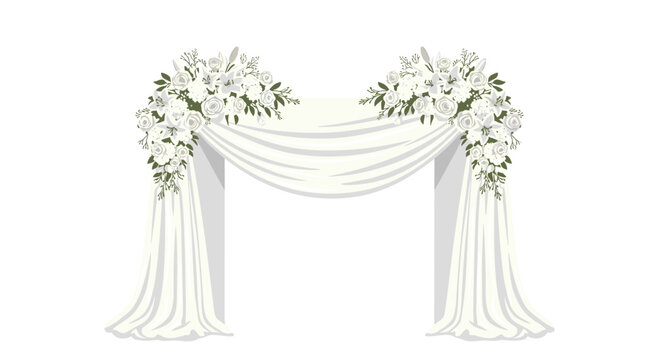 A white wedding arch is draped with flowing translucent fabric and adorned with two large clusters of white lilies and roses in a formal garden style.
