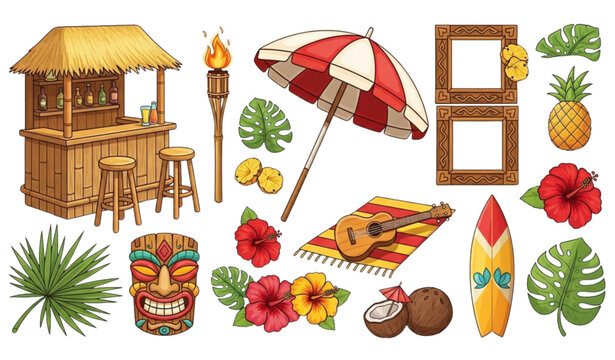 Hawaiian tropical cartoon set beach bar tiki mask ukulele hibiscus vector