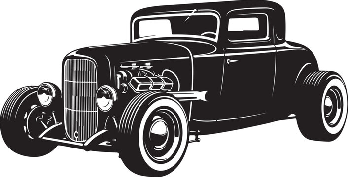 Vintage hot rod car, black and white vector, classic automobile illustration, retro transportation icon