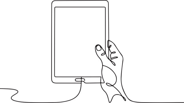 Hand holding tablet device line drawing digital technology mobile screen concept minimal outline modern vector design