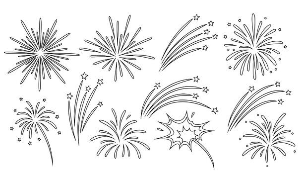 Fireworks line art vector doodle sparkler burst celebration icons