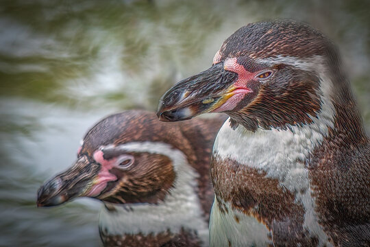 Humboldt Penguins swimming in water close up portrait reflecting wildlife conservation and natural beauty with copy space
