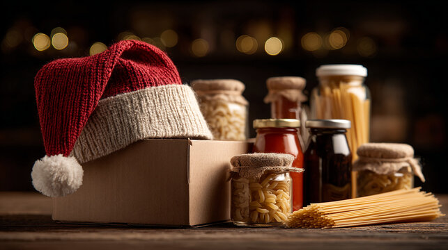 Christmas Food Drive Donation Box with Santa Hat and Non-Perishable Goods.