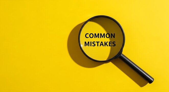Magnifying glass focused on the words common mistakes on yellow background