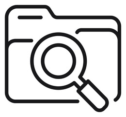 Black line vector icon of a file folder with a magnifying glass, representing data search, document discovery, file exploration, and information management, isolated on a white background. © MostSabineYesmin