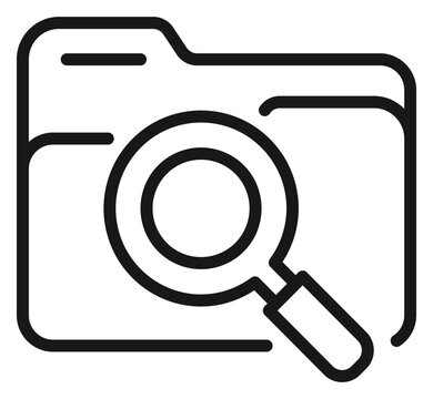 Black line vector icon of a file folder with a magnifying glass, representing data search, document discovery, file exploration, and information management, isolated on a white background.