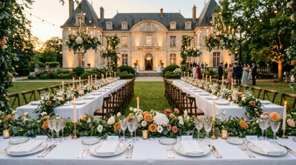 Naklejka premium Elegant outdoor wedding reception with long banquet tables and floral arrangements in front of a chateau
