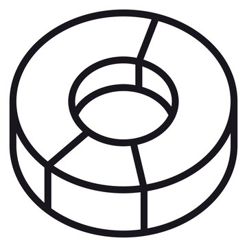 Minimalist isometric 3D donut chart vector icon featuring three distinct segments, clean black line illustration of a segmented ring for business data visualization and infographic design.