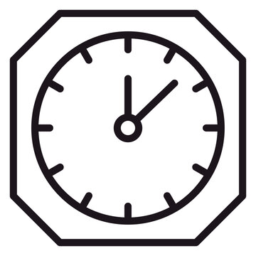 Minimalist octagonal wall clock vector icon, black line art illustration of a classic timekeeping device, symbol for time management and punctuality, scalable graphic for web and print design.