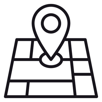 Minimalist black line art vector icon of a map with a location pin marker, representing GPS navigation, travel destination, and geography, scalable illustration for web design and mobile apps.