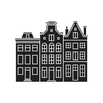 Minimalist depiction of three traditional dutch canal houses in black