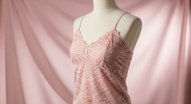 Pink lace camisole on mannequin. Delicate lingerie clothing display in studio. Fashion retail concept for apparel store. Textile design and feminine undergarment style for boutique.