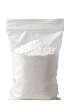 Clear plastic bag filled with a white, powdery substance against a black background