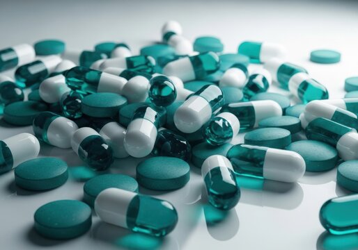 Assorted teal and white medical capsules and pills