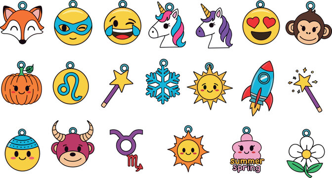 Cute emoji and symbol charm vector set with unicorn rocket sun zodiac signs seasonal icons colorful keychain collection