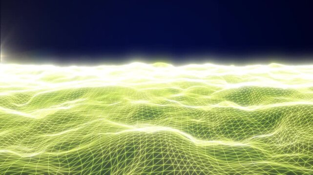 Bright yellow-lime wireframe waves with glowing polygon grid and white horizon haze, futuristic abstract technology background