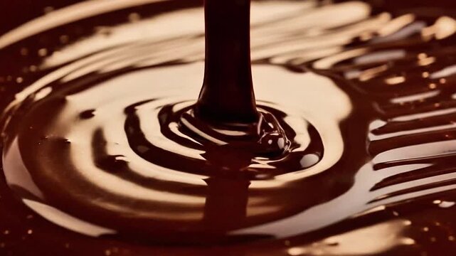A video shows a close-up of chocolate being poured into a pool of liquid chocolate