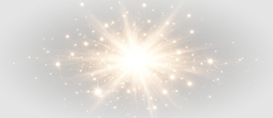 Golden starburst light rays glow sparkle explosion effect png overlay element, on transparent background © Ivan