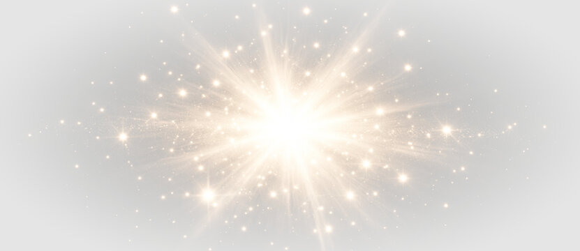 Golden starburst light rays glow sparkle explosion effect png overlay element, on transparent background