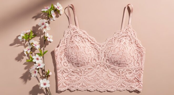 Pink lace bralette with almond blossom branch on beige background. Delicate feminine lingerie for spring fashion collection. Elegant romantic clothing item for woman style.