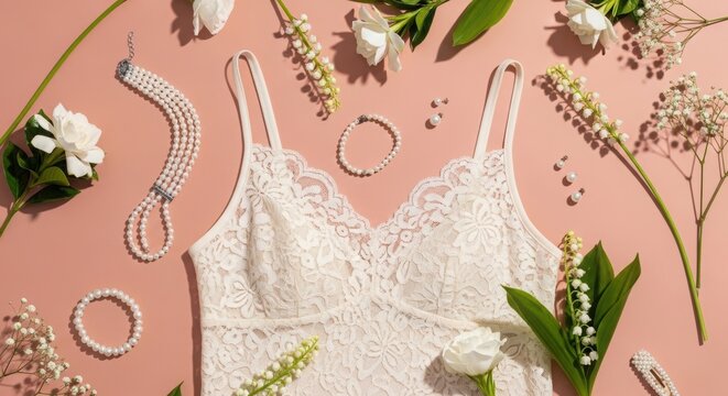 White lace camisole with pearl jewelry and flower on pink background. Feminine lingerie set with floral decoration. Elegant wedding morning outfit concept. Fashionable romantic style.