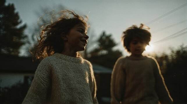 Girl and boy children walking in autumn woods at sunset. Siblings with windy curly hair smiling in nature. Outdoor family adventure and joyful childhood exploration concept.