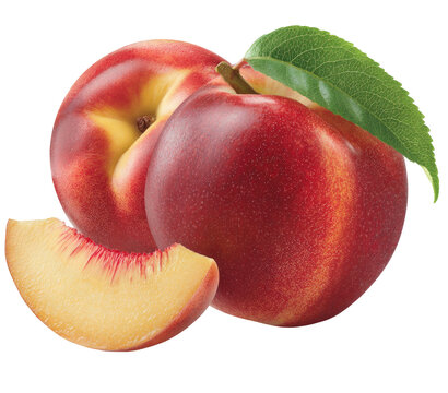 Vibrant still life of ripe, reddish-yellow stone fruits, with a green leaf and slice