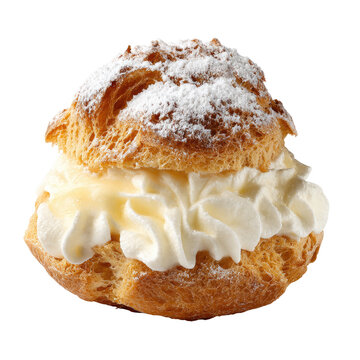 A close-up of a profiterole with a golden-brown shell and a creamy, fluffy filling, dusted