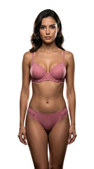 Fototapeta premium Portrait of a woman in pink lingerie against a transparent background, showcasing a full-body view of the lingerie set.