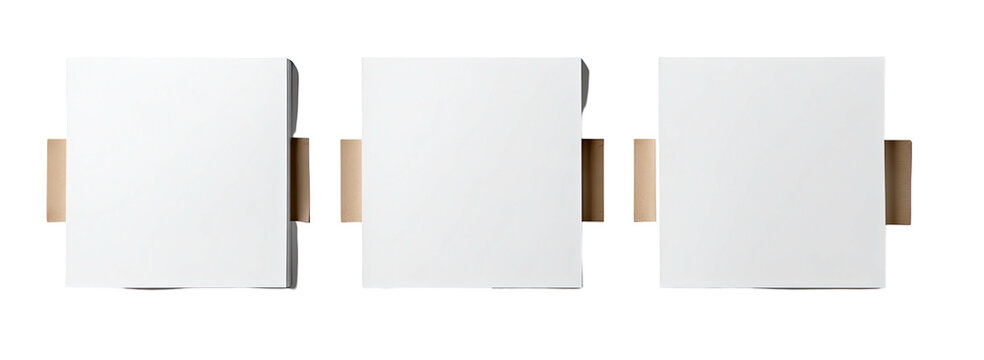 Three connected white square objects with brown elements, centered on a black background