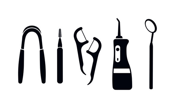 tongue scraper curved tool, interdental brush small head, floss picks plastic sticks, water flosser device unit, dental mirror