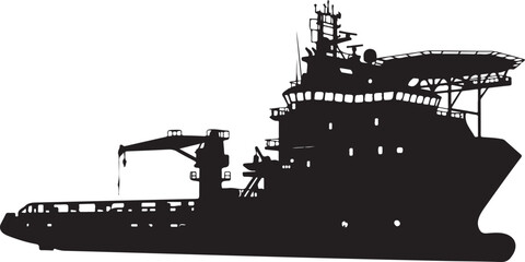 Obraz premium Industrial cargo ship, silhouette, black vector, maritime icon, transportation symbol