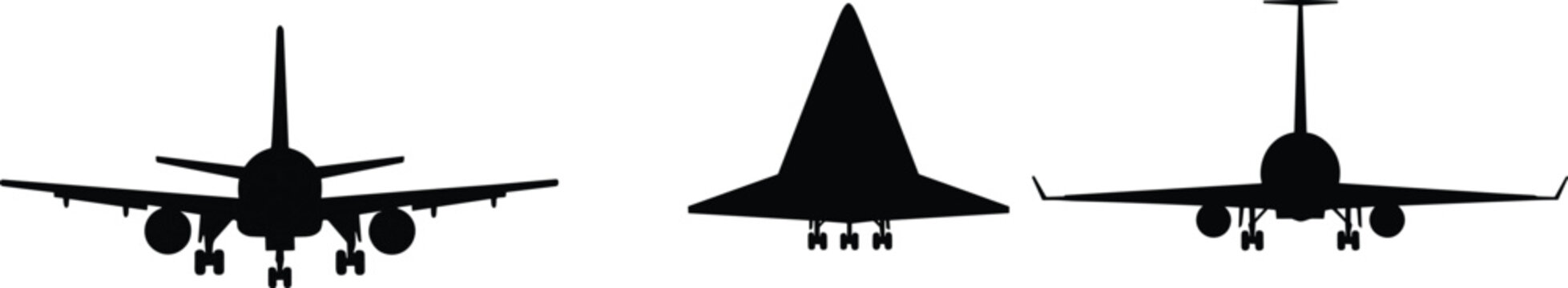 Airplane silhouettes front view set passenger and supersonic aircraft vector illustration isolated for aviation, transport and travel design use