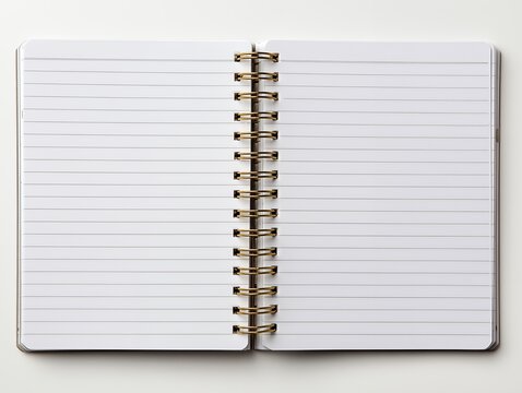 Open blank spiral notebook with lined pages on a white background