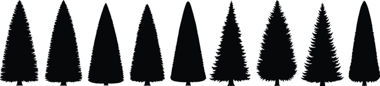 Collection of pine tree silhouettes set isolated black evergreen forest icons minimal vector illustration for nature landscape design