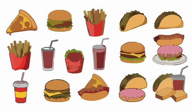 Hand Drawn Fast Food Doodle Set Cute Cartoon Snacks Vector Illustration