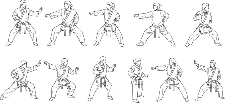 Karate martial arts poses outline collection vector illustration fighters training stance set isolated for sport fitness and self defense design