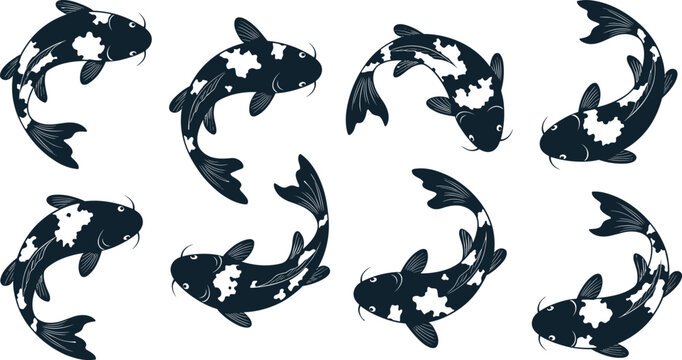 Koi fish silhouettes set Japanese carp swimming poses ornamental aquatic animals vector illustration collection isolated design elements